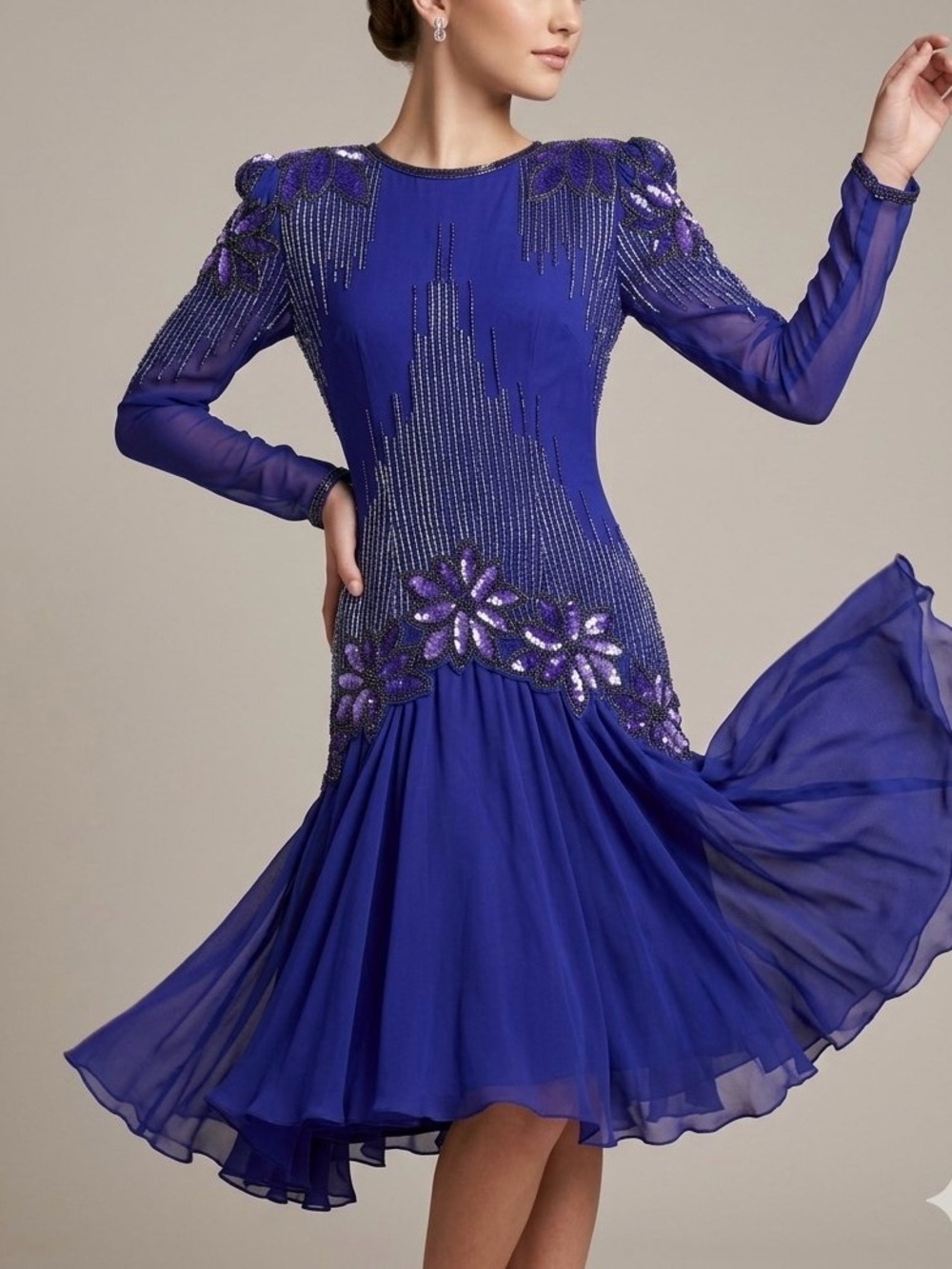 Vintage Black Tie Beaded Sequin Rayon Evening Dress Purple Royal Blue 4 80’s